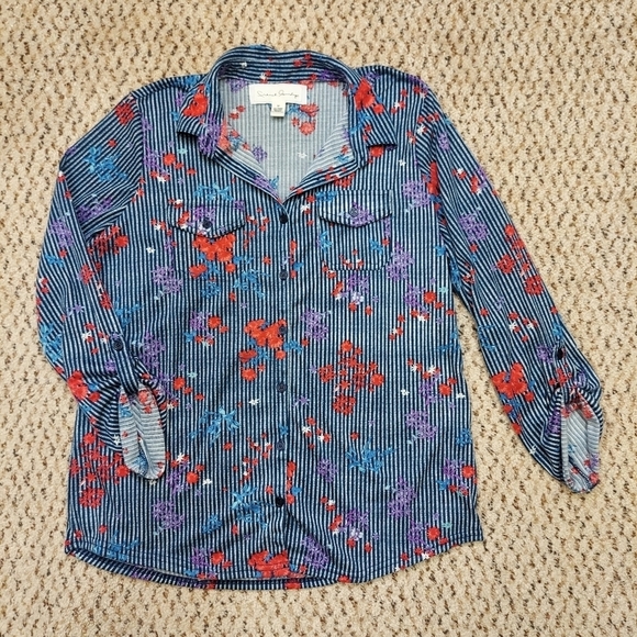 French Laundry Womens Size M Blue Floral Striped Button Front Blouse Long Sleeve - Picture 1 of 14